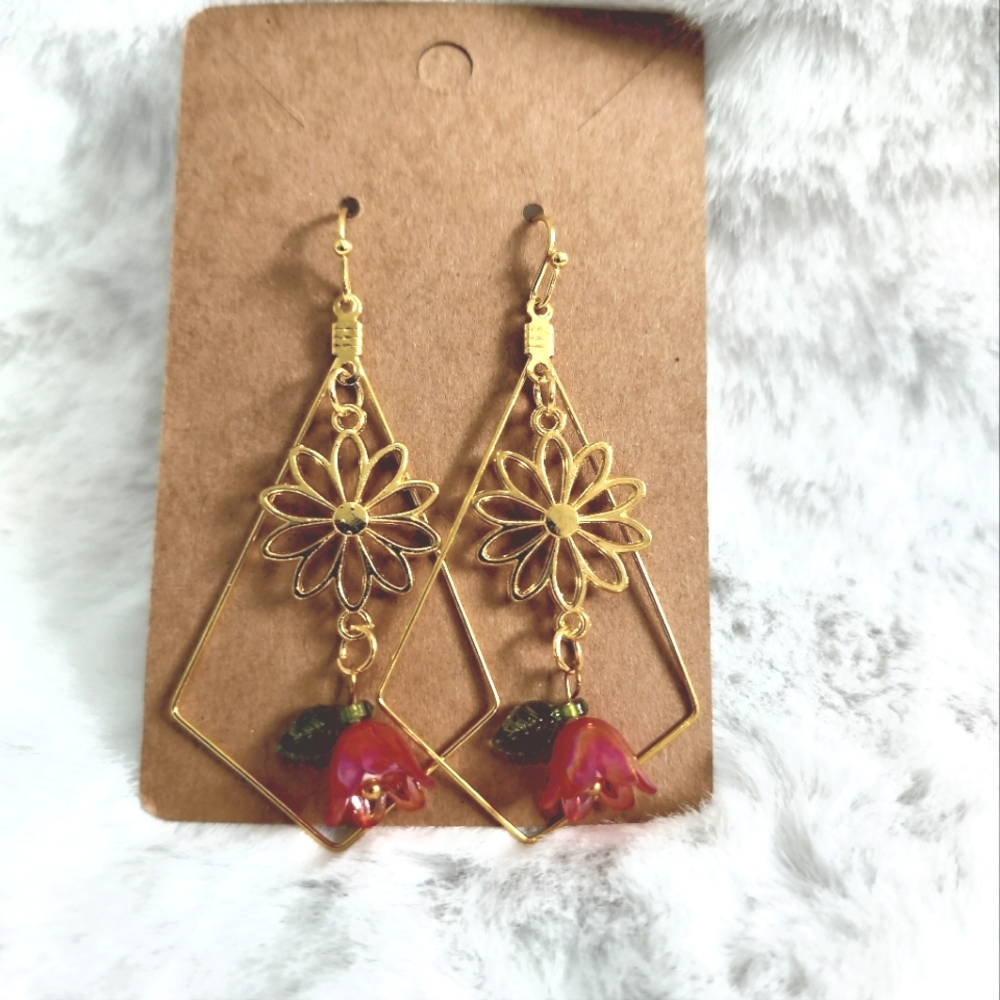 Gold With Beautiful Red Flower Earrings Hypoallergenic Hook